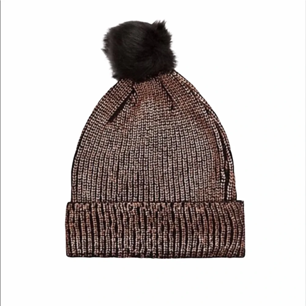 NWT  La Fiorentina Faux Fur Pom Pom Metallic Beanie